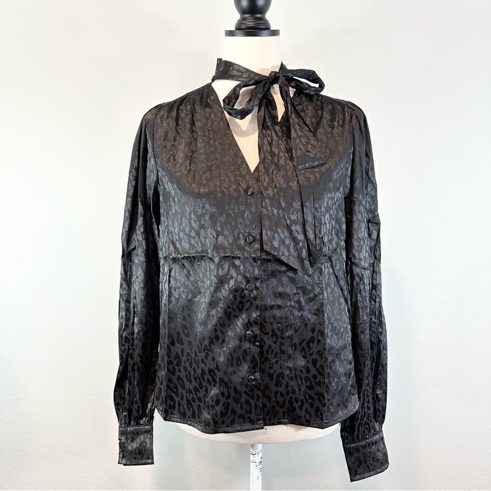 NWT Six/Fifty Black Leopard Print Button Down Blouse Tie Neck S